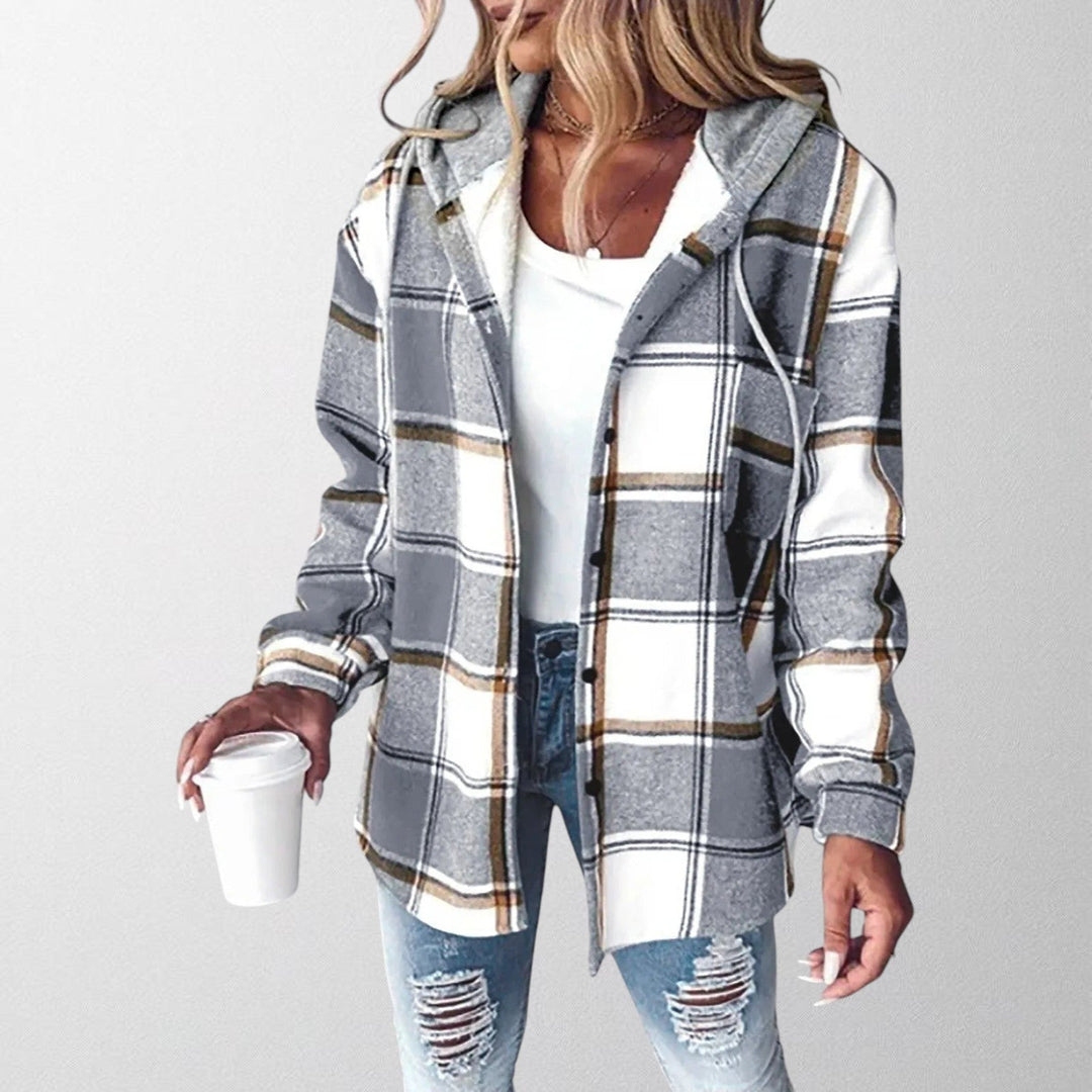 Women's checked hooded shacket with button front