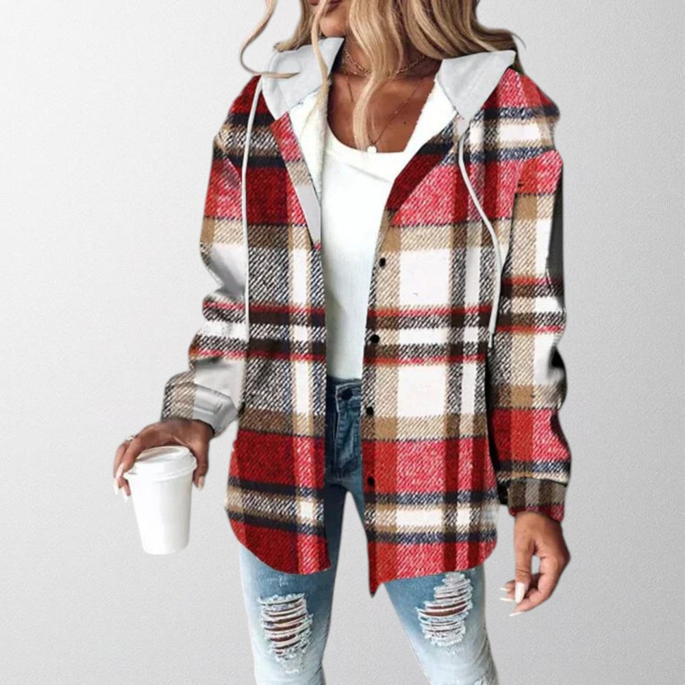 Women's checked hooded shacket with button front