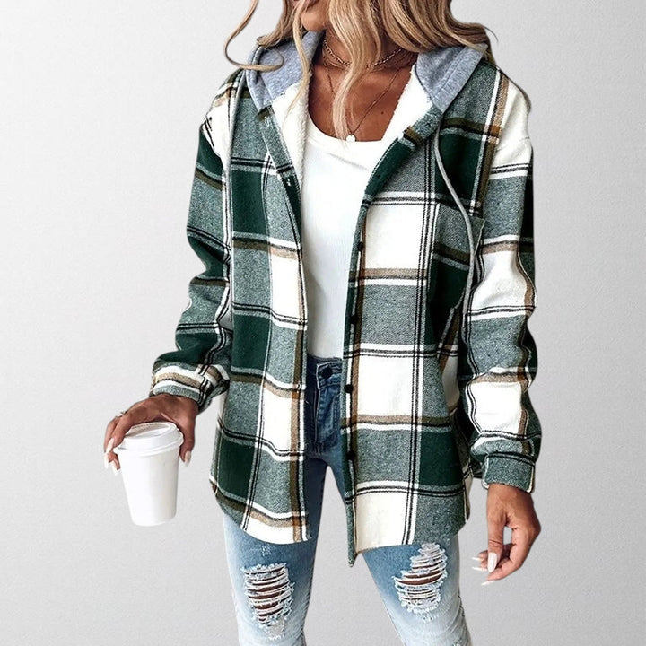 Women's checked hooded shacket with button front