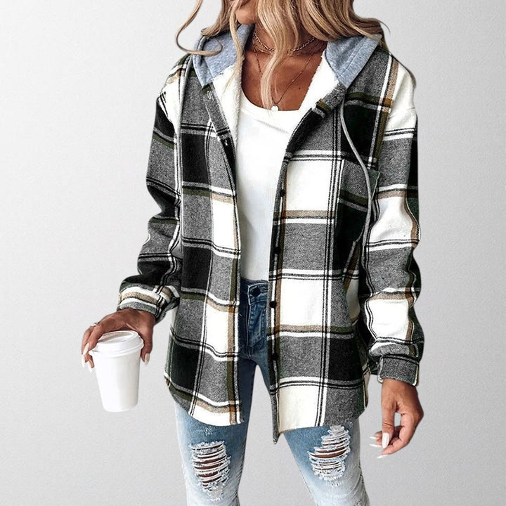 Women's checked hooded shacket with button front