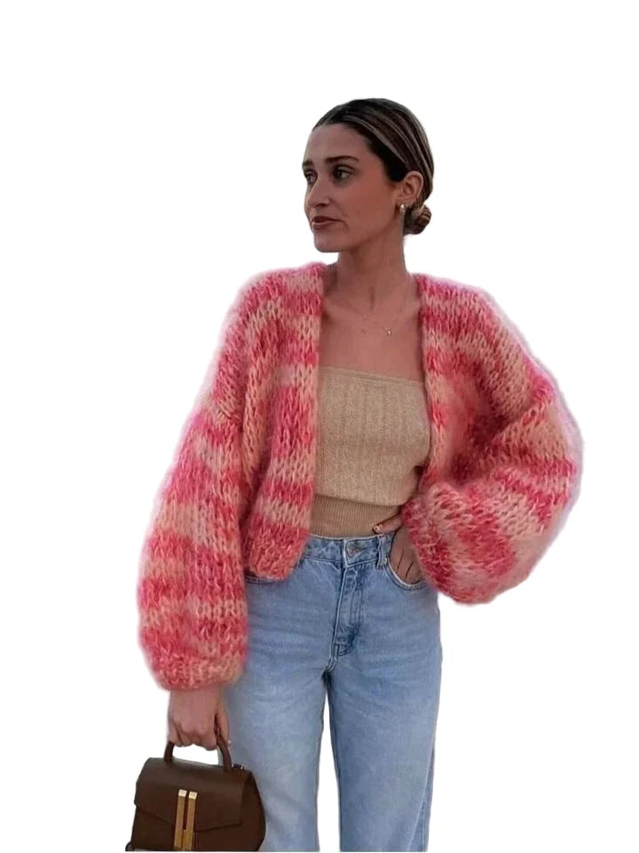 Women's pink and cream striped textured knit cardigan