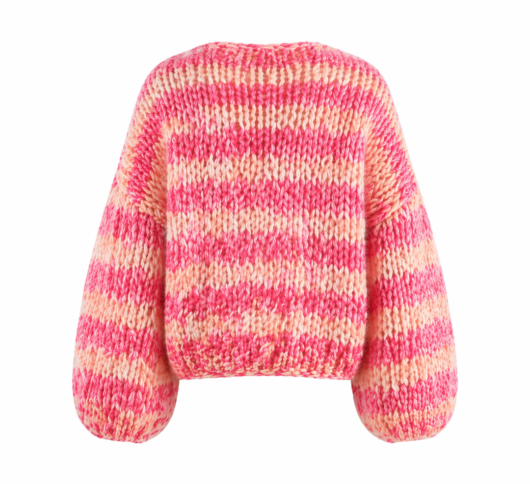 Women's pink and cream striped textured knit cardigan