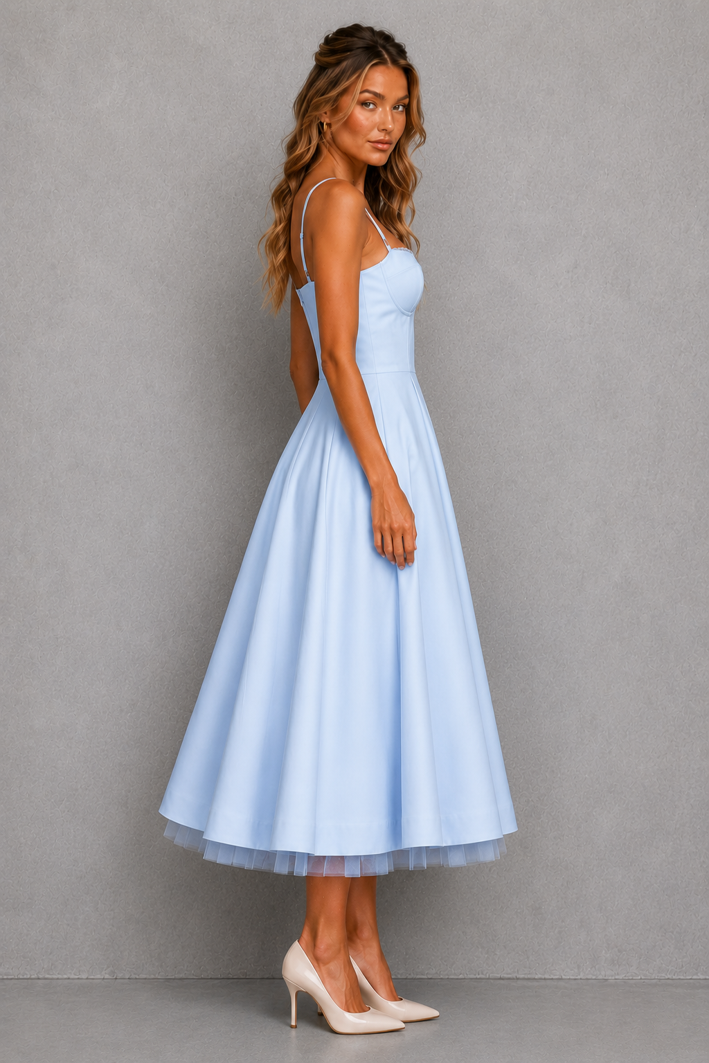 Women's Corset Bodice Midi Dress, Sweetheart Neckline Adjustable Straps Full Pleated Skirt with Pockets, Wedding Guest Party Gown – Bellmere