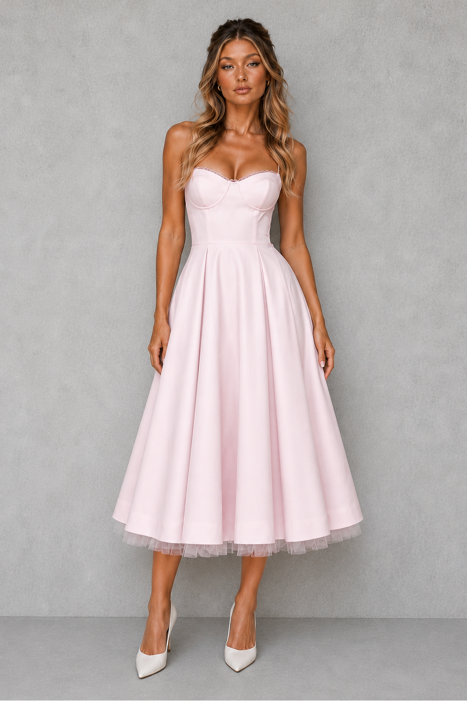 Women's Corset Bodice Midi Dress, Sweetheart Neckline Adjustable Straps Full Pleated Skirt with Pockets, Wedding Guest Party Gown – Bellmere