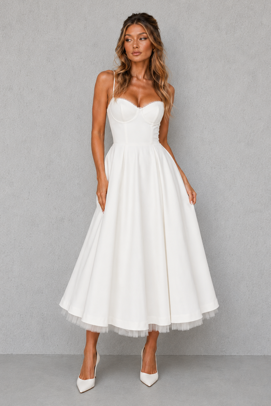 Women's Corset Bodice Midi Dress, Sweetheart Neckline Adjustable Straps Full Pleated Skirt with Pockets, Wedding Guest Party Gown – Bellmere