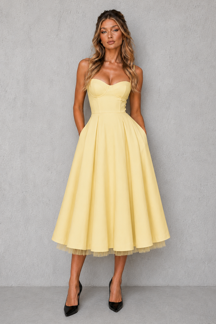 Corset Bodice Midi Dress for Women, Full Pleated Skirt