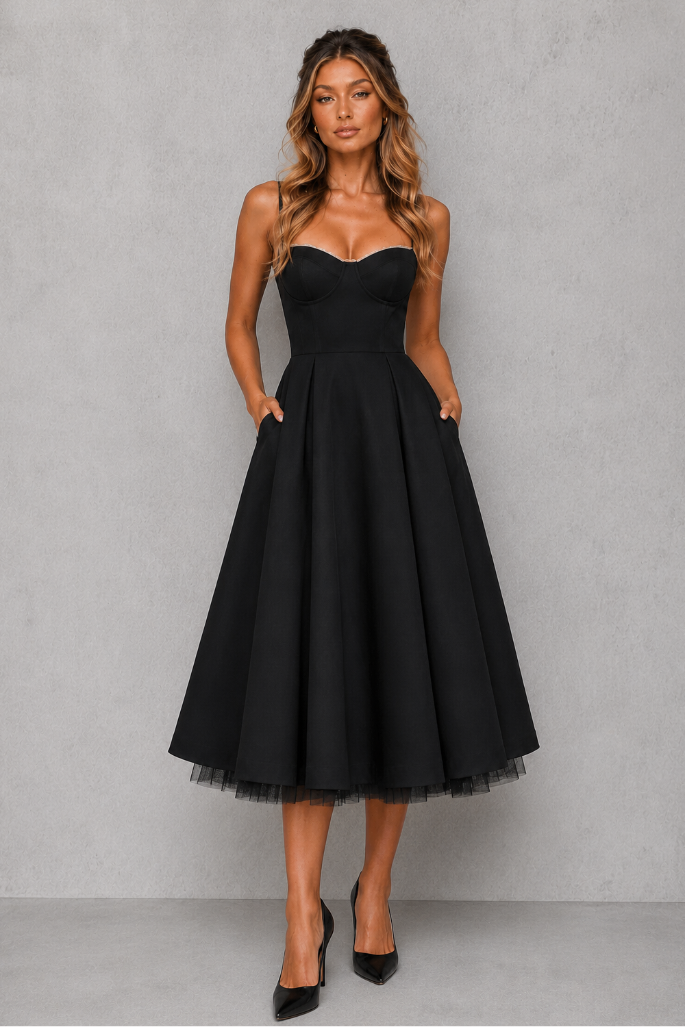 Corset Bodice Midi Dress for Women, Full Pleated Skirt