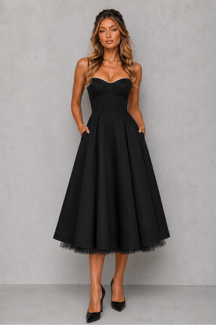 Corset Bodice Midi Dress for Women, Full Pleated Skirt