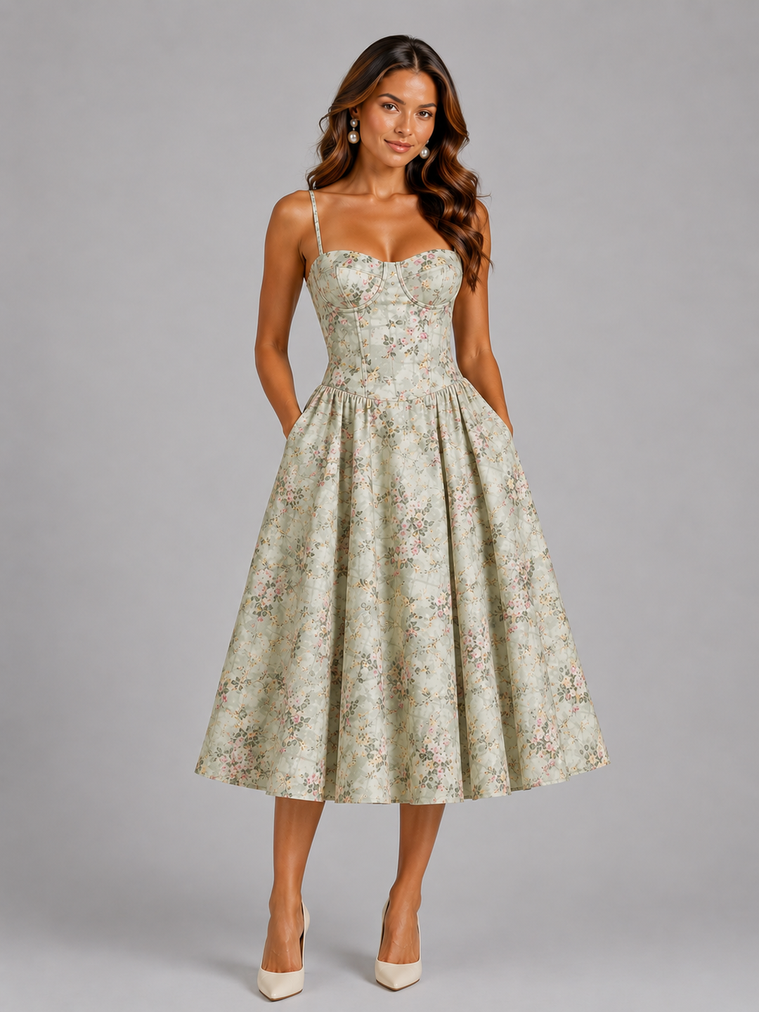 Women's Corset Bodice Midi Dress with Gathered Skirt