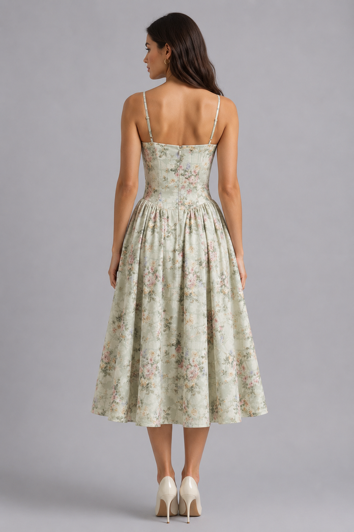 Women's Corset Bodice Midi Dress with Gathered Skirt
