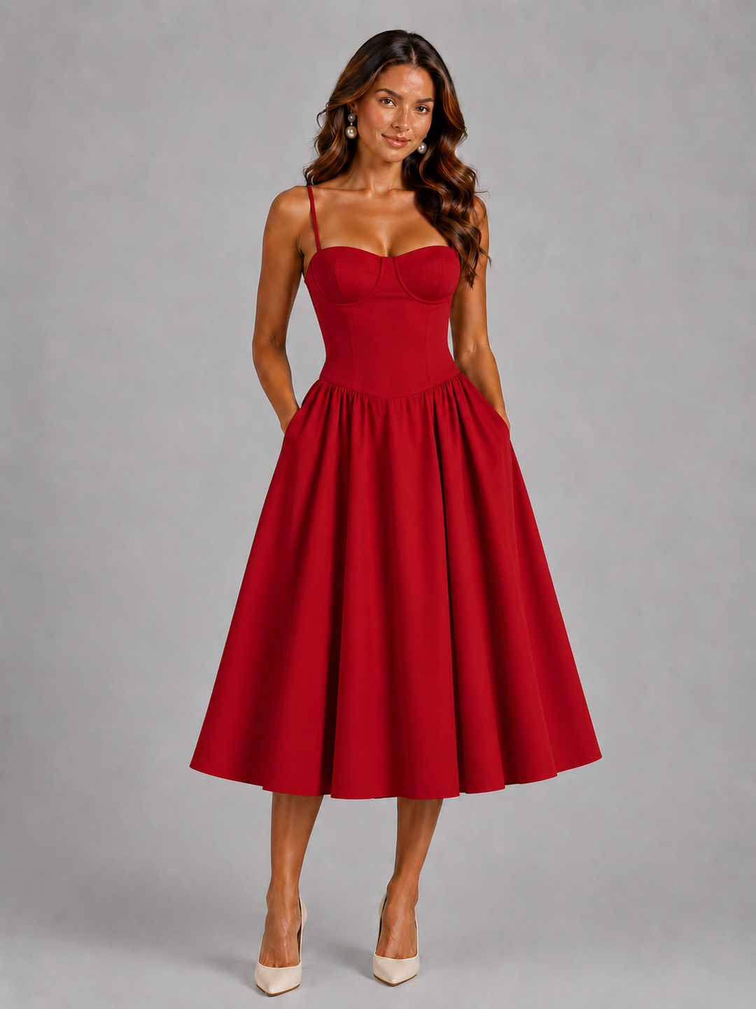 Women's Corset Bodice Midi Dress with Gathered Skirt