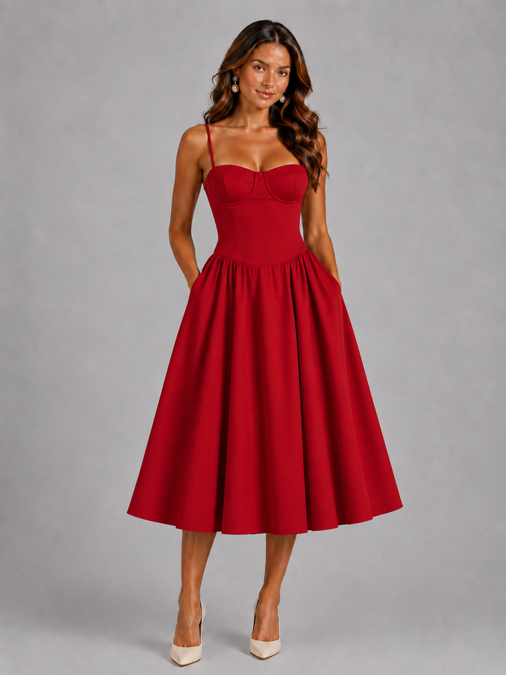 Women's Corset Bodice Midi Dress with Gathered Skirt