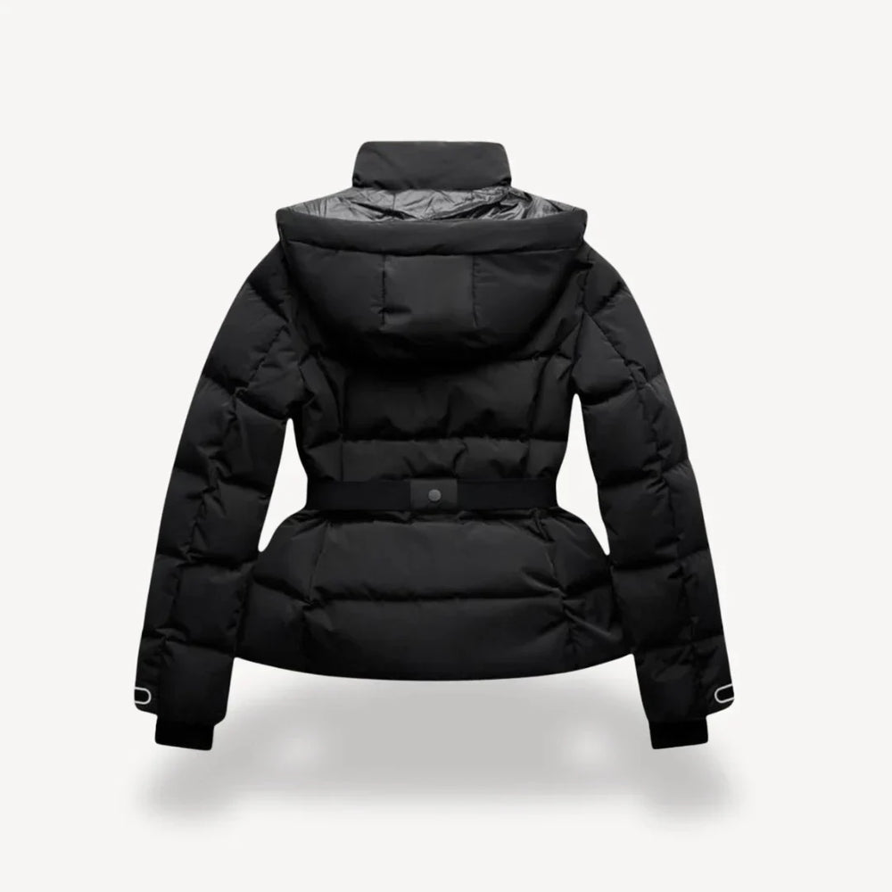 Women's black hooded quilted puffer jacket with belt and zip pockets
