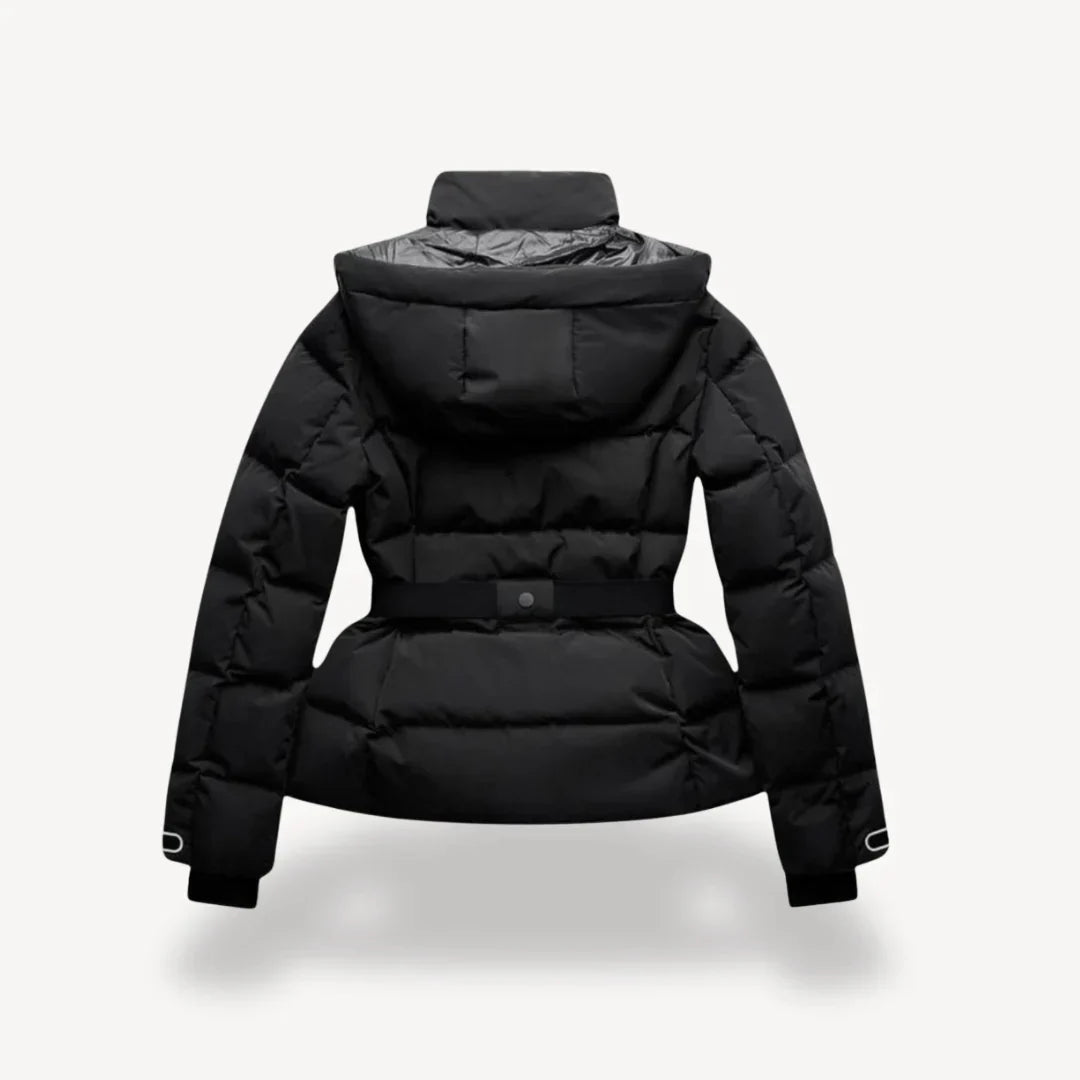 Women's black hooded quilted puffer jacket with belt and zip pockets