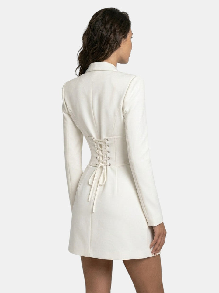 Women's lace corset blazer mini dress with long sleeves and structured shoulders