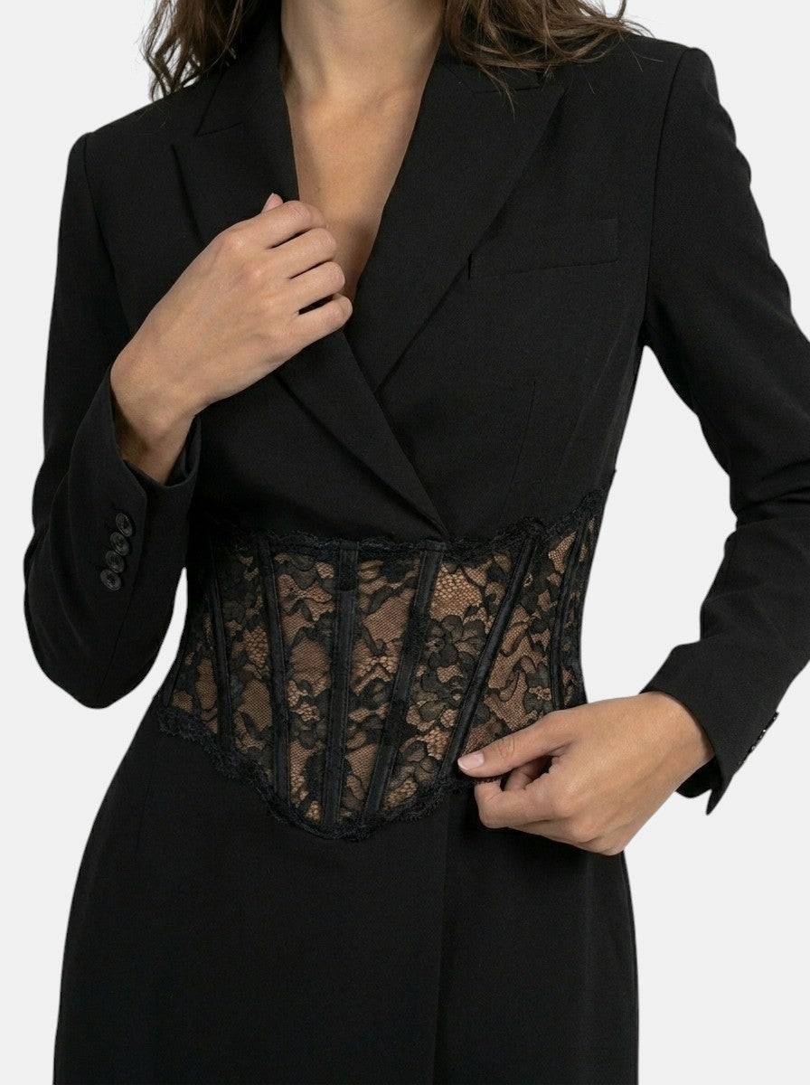 Women's lace corset blazer mini dress with long sleeves and structured shoulders