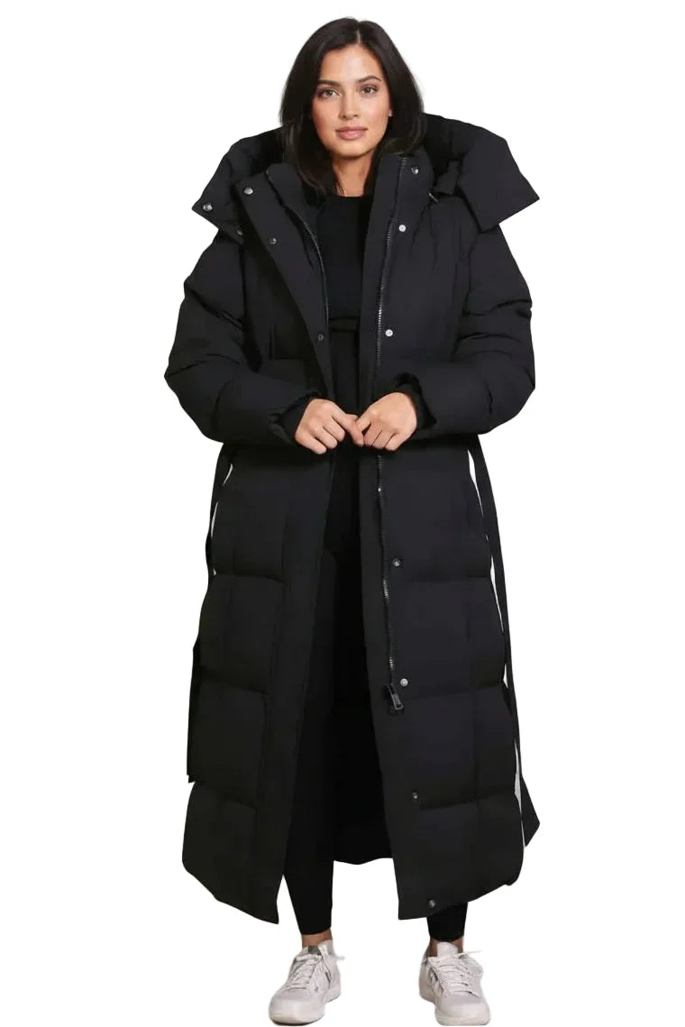 Women's long padded hooded coat with covered zip front