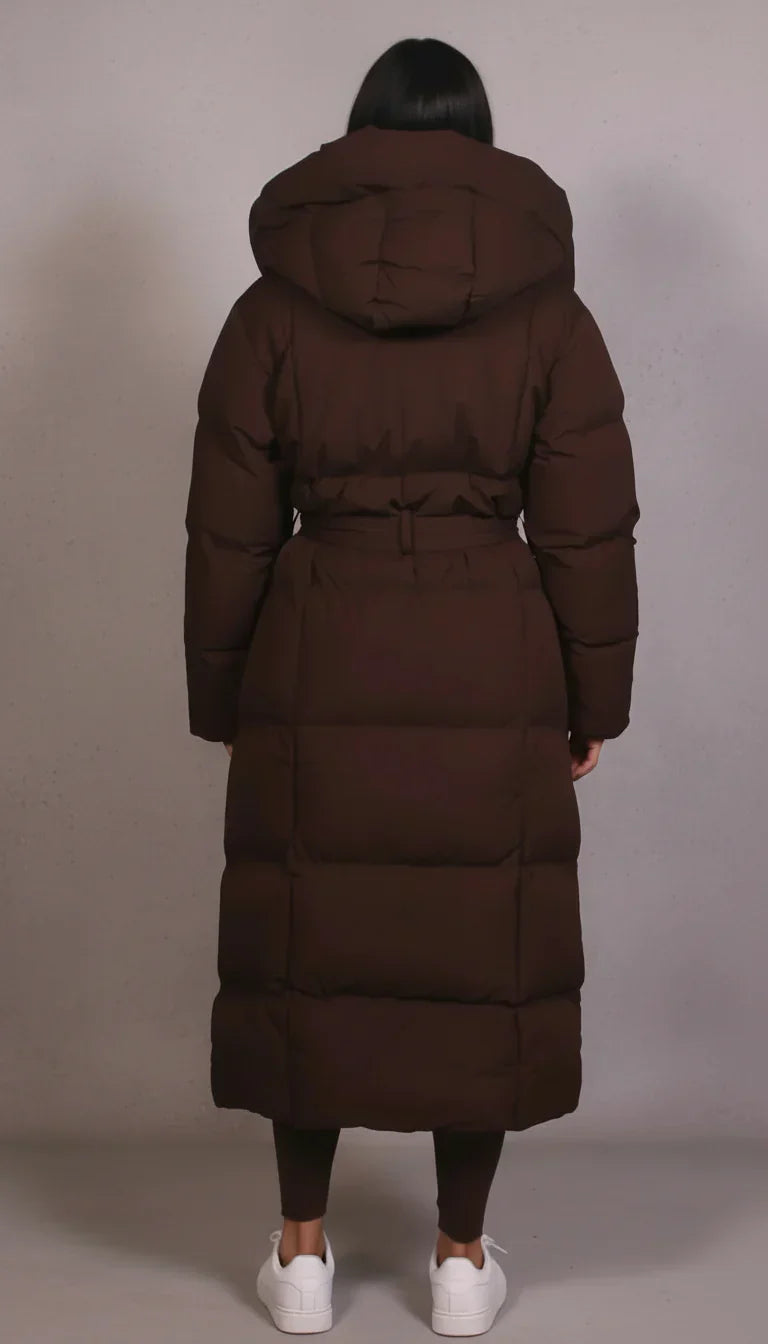 Women's long padded hooded coat with covered zip front