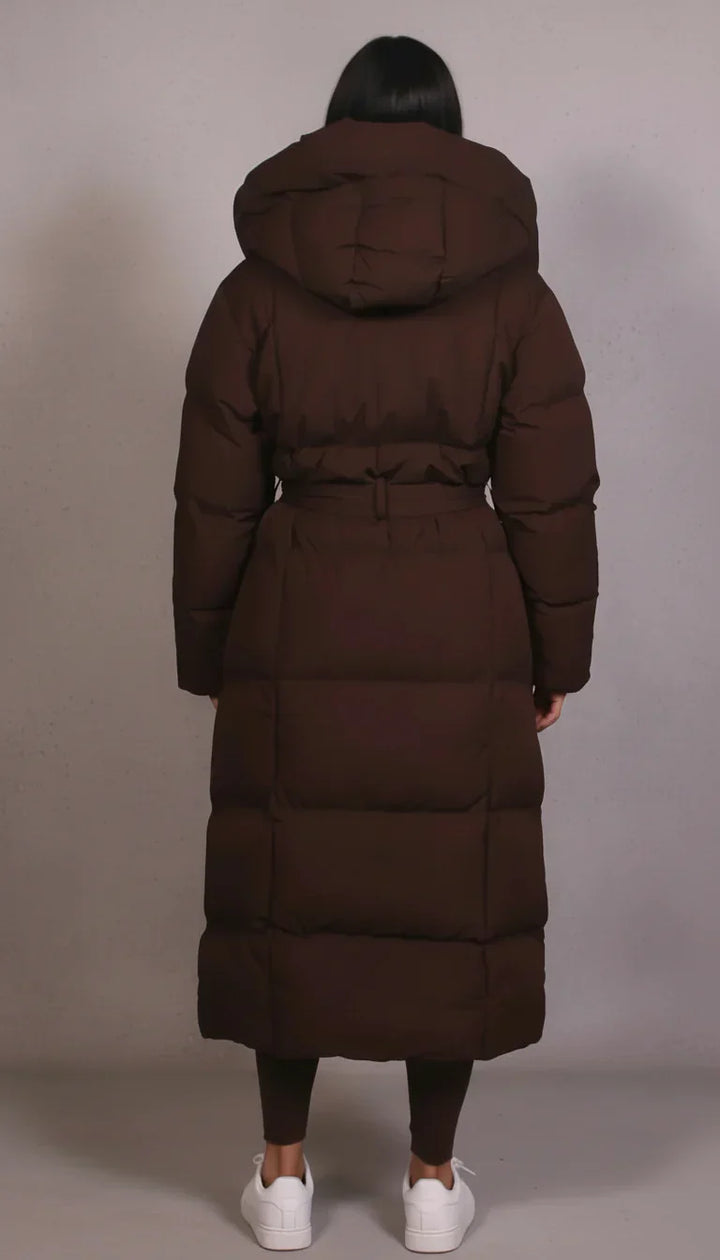 Women's long padded hooded coat with covered zip front