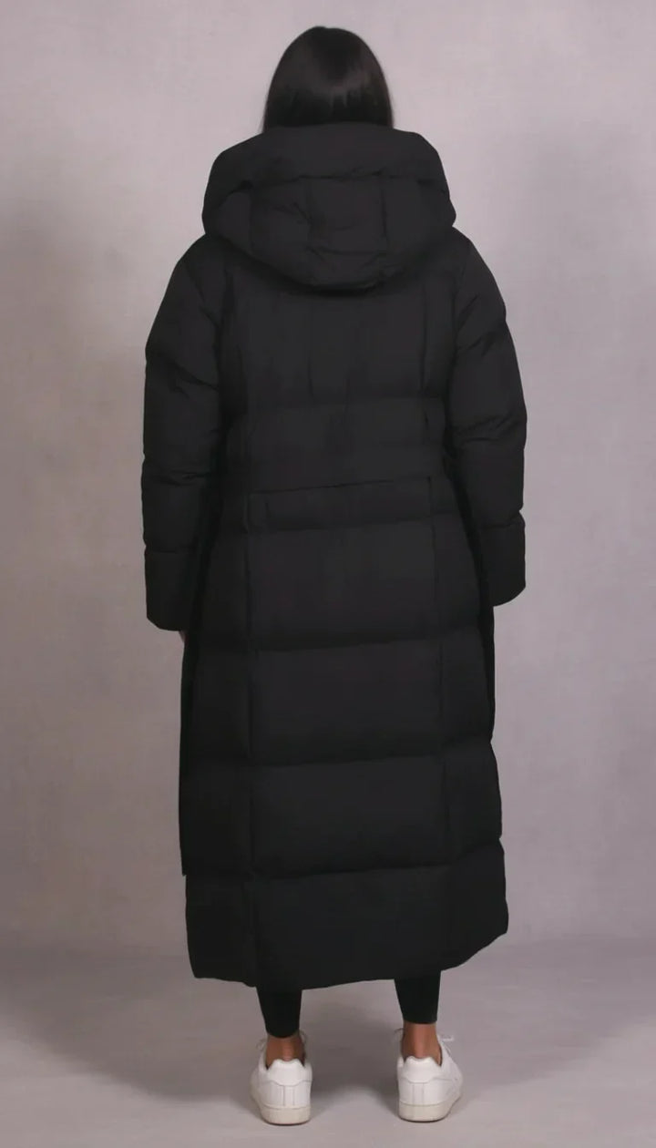 Women's long padded hooded coat with covered zip front