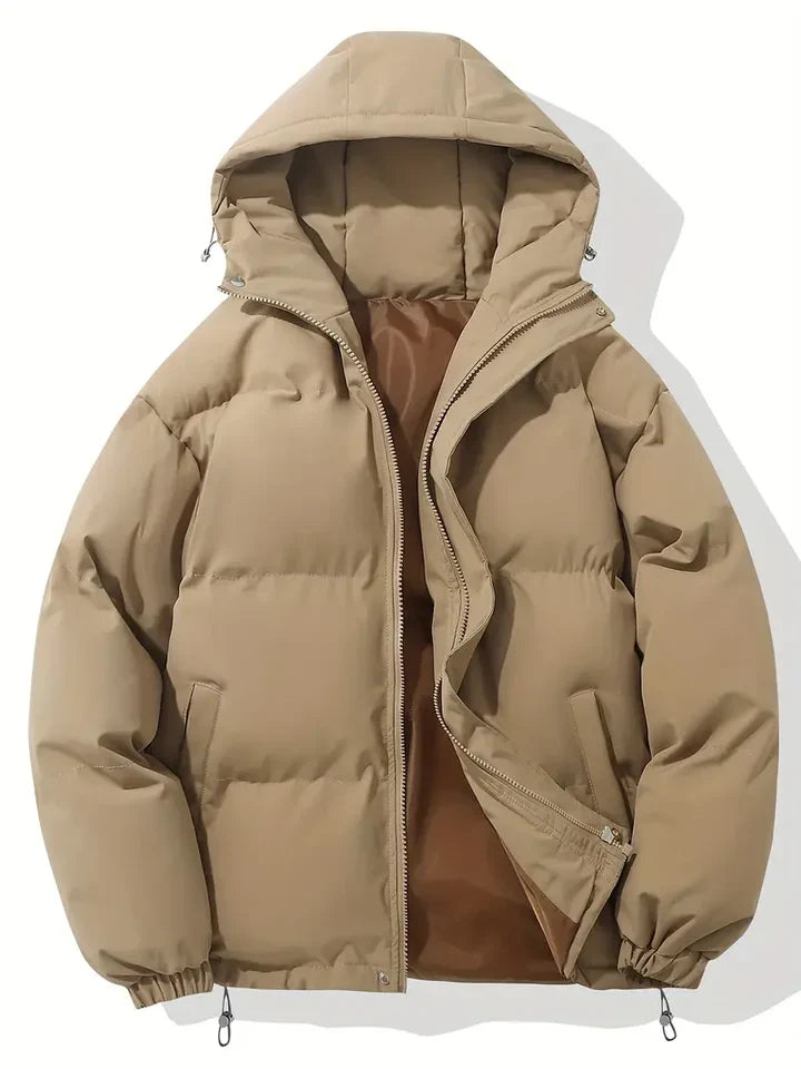 Women's hooded quilted puffer jacket with zip front and adjustable hem