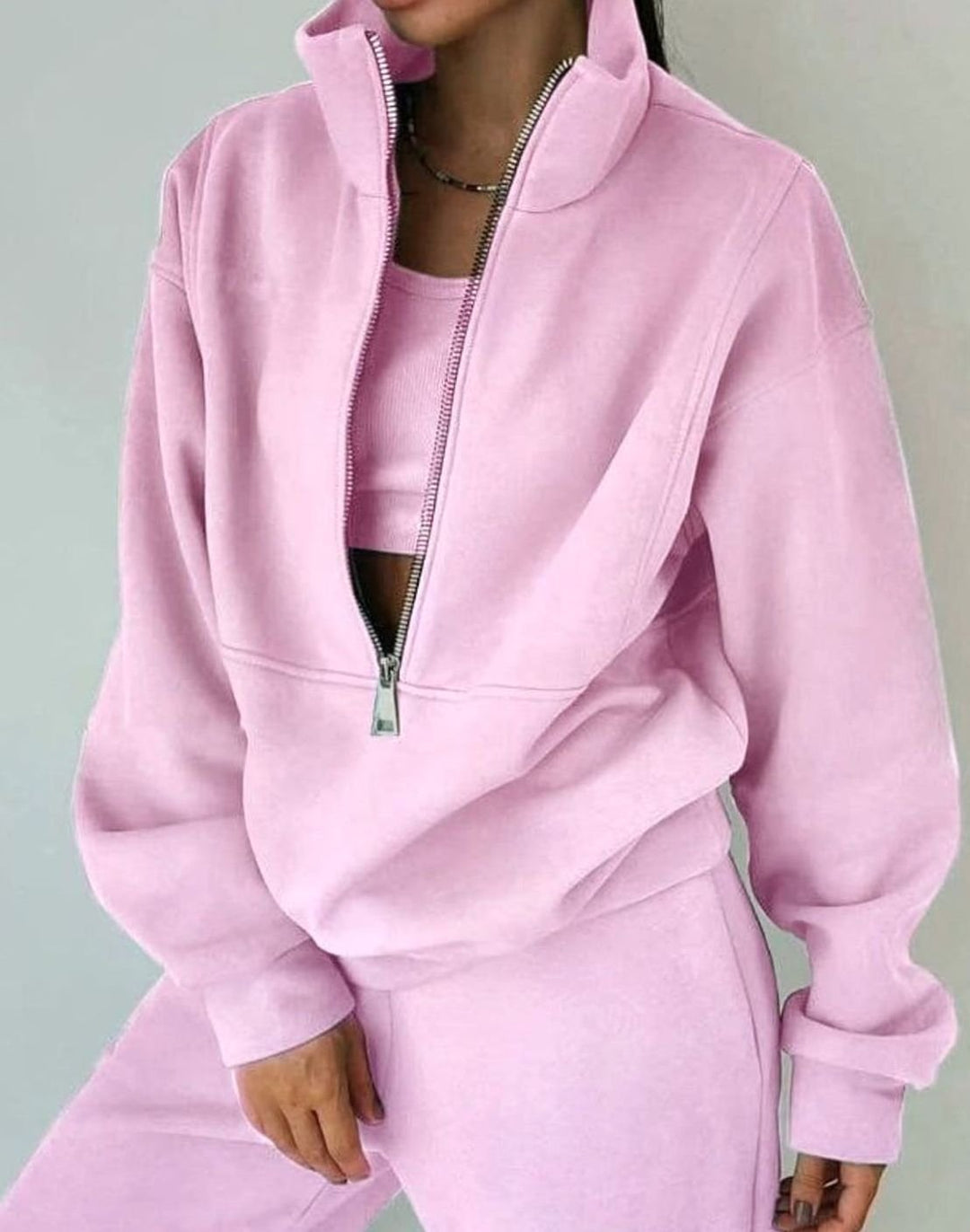 Women's cropped zip sweatshirt tracksuit set with mock neck and matching bottom