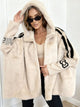 Women's hooded faux fur longline coat with contrast sleeve stripes
