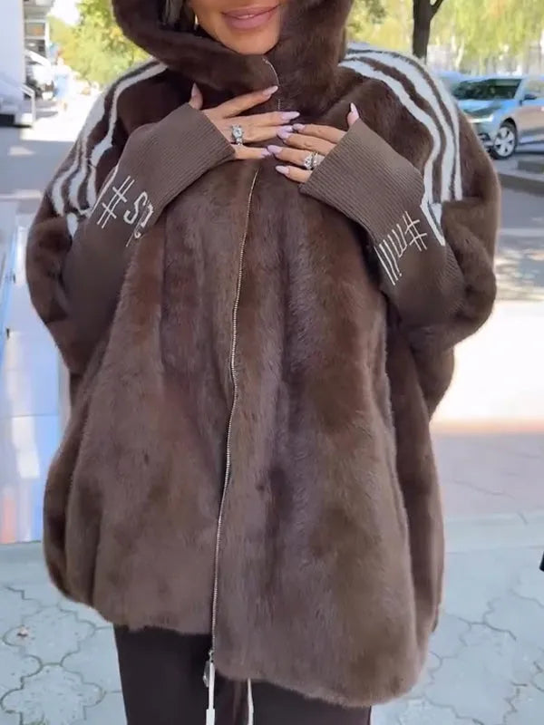 Women's hooded faux fur longline coat with contrast sleeve stripes