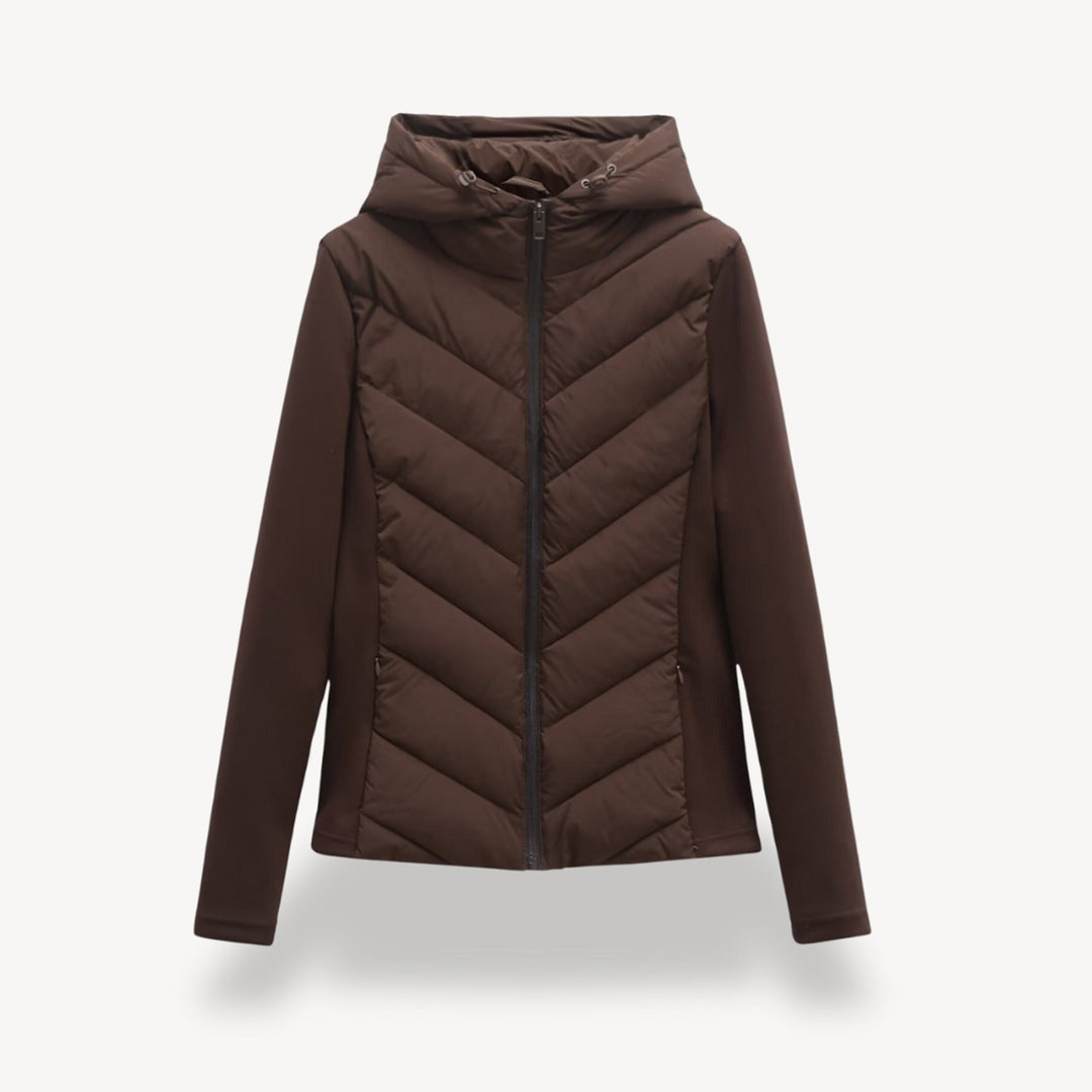 Women's hooded quilted jacket with chevron front, long sleeves and zip fastening