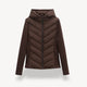 Women's hooded quilted jacket with chevron front, long sleeves and zip fastening