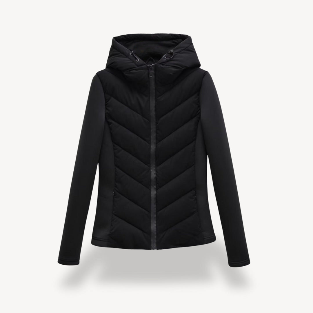 Women's hooded quilted jacket with chevron front, long sleeves and zip fastening