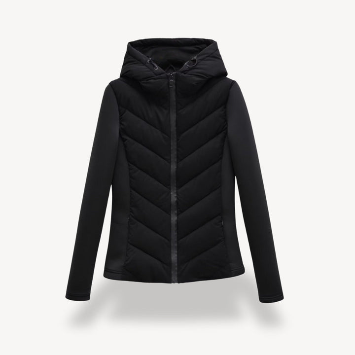 Women's hooded quilted jacket with chevron front, long sleeves and zip fastening