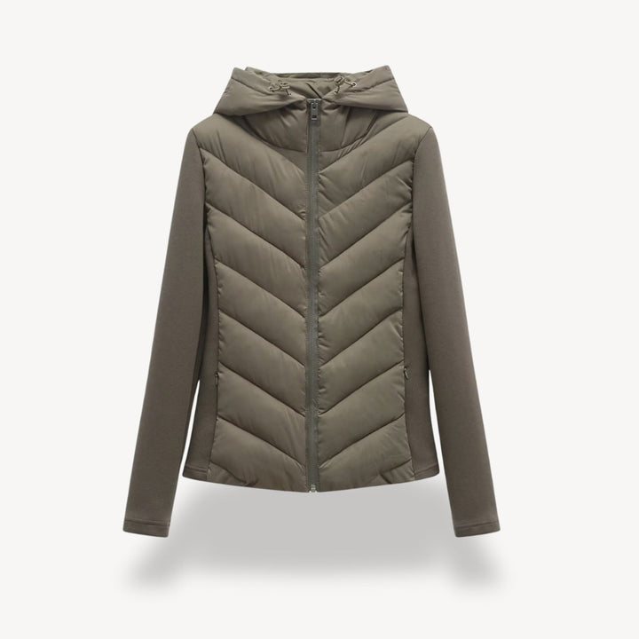 Women's hooded quilted jacket with chevron front, long sleeves and zip fastening