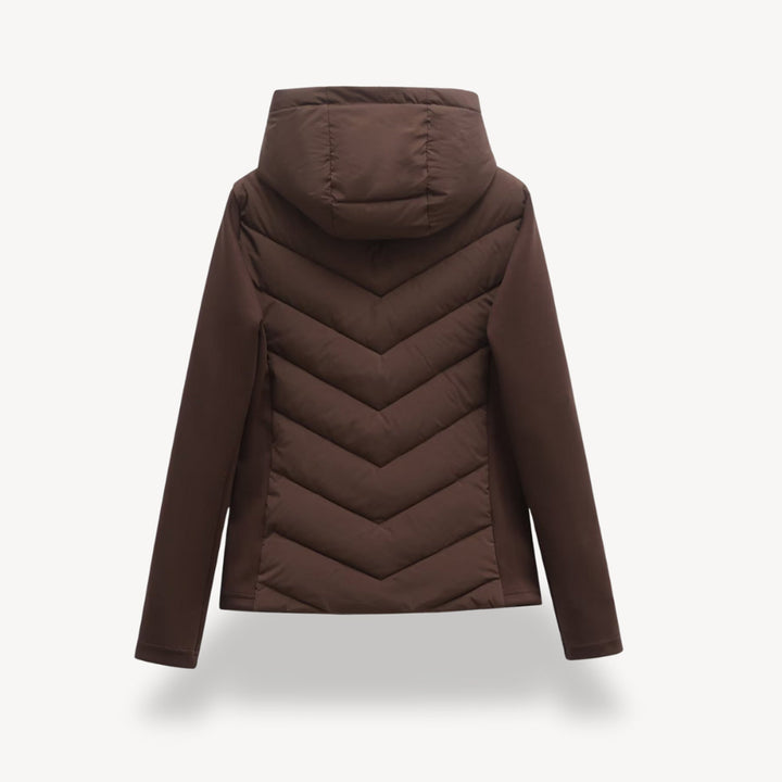 Women's hooded quilted jacket with chevron front, long sleeves and zip fastening