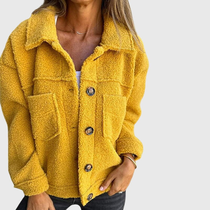 Women's sherpa-textured collared jacket with button front and patch pockets