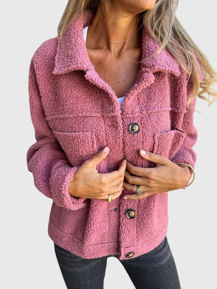 Women's sherpa-textured collared jacket with button front and patch pockets