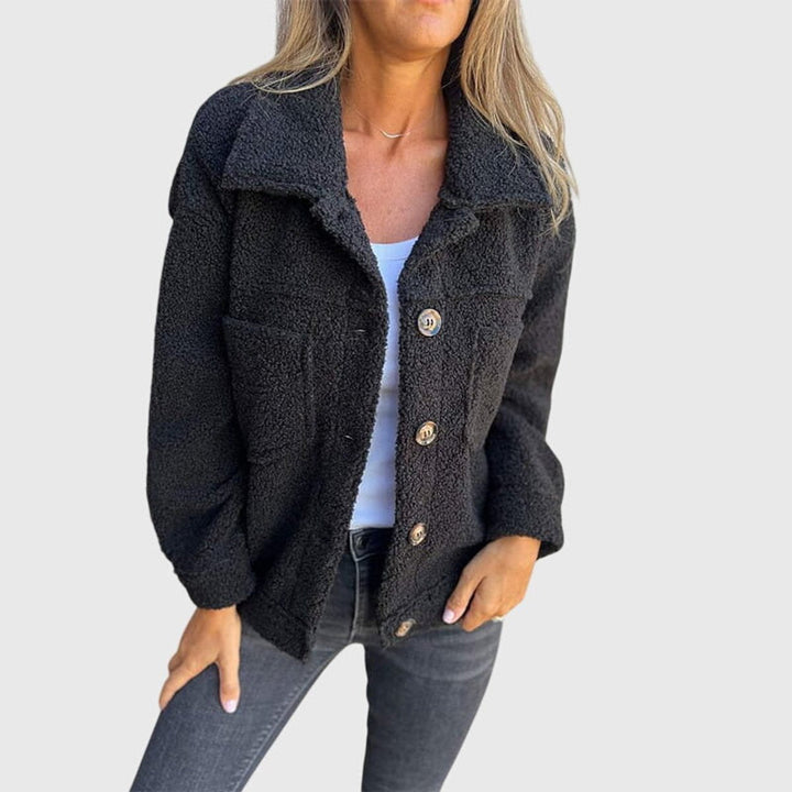 Women's sherpa-textured collared jacket with button front and patch pockets