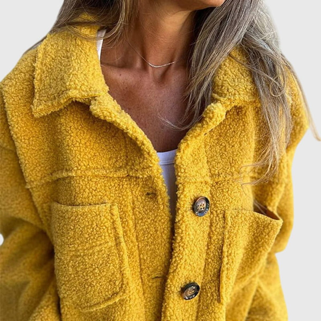 Women's sherpa-textured collared jacket with button front and patch pockets