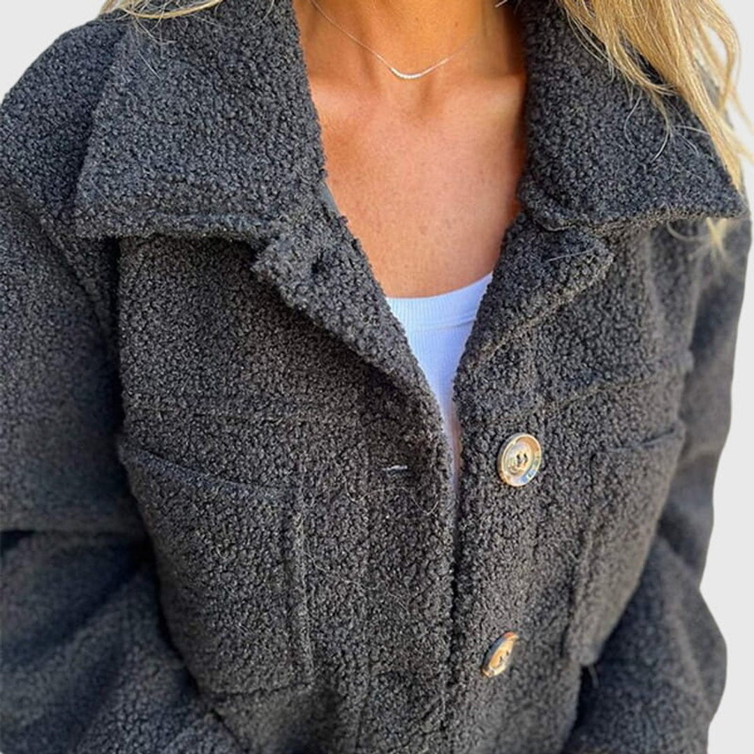 Women's sherpa-textured collared jacket with button front and patch pockets