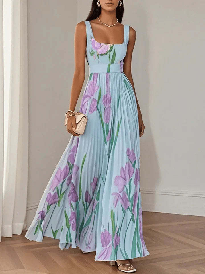 Women's Square Neck Floral Pleated Maxi Dress, Sleeveless