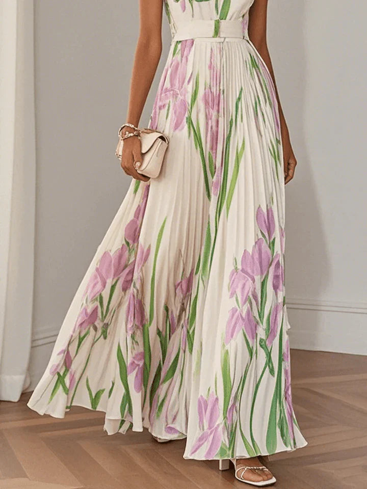 Women's Square Neck Floral Pleated Maxi Dress, Sleeveless
