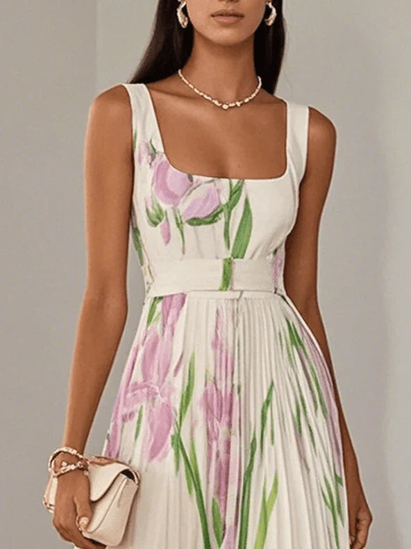 Women's Square Neck Floral Pleated Maxi Dress, Sleeveless