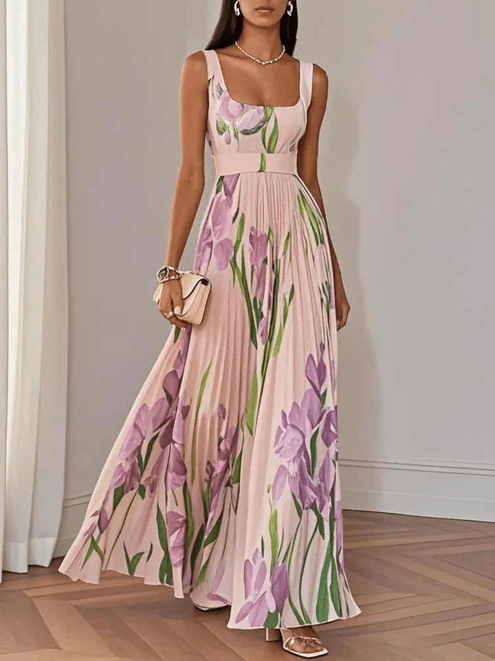Women's Square Neck Floral Pleated Maxi Dress, Sleeveless