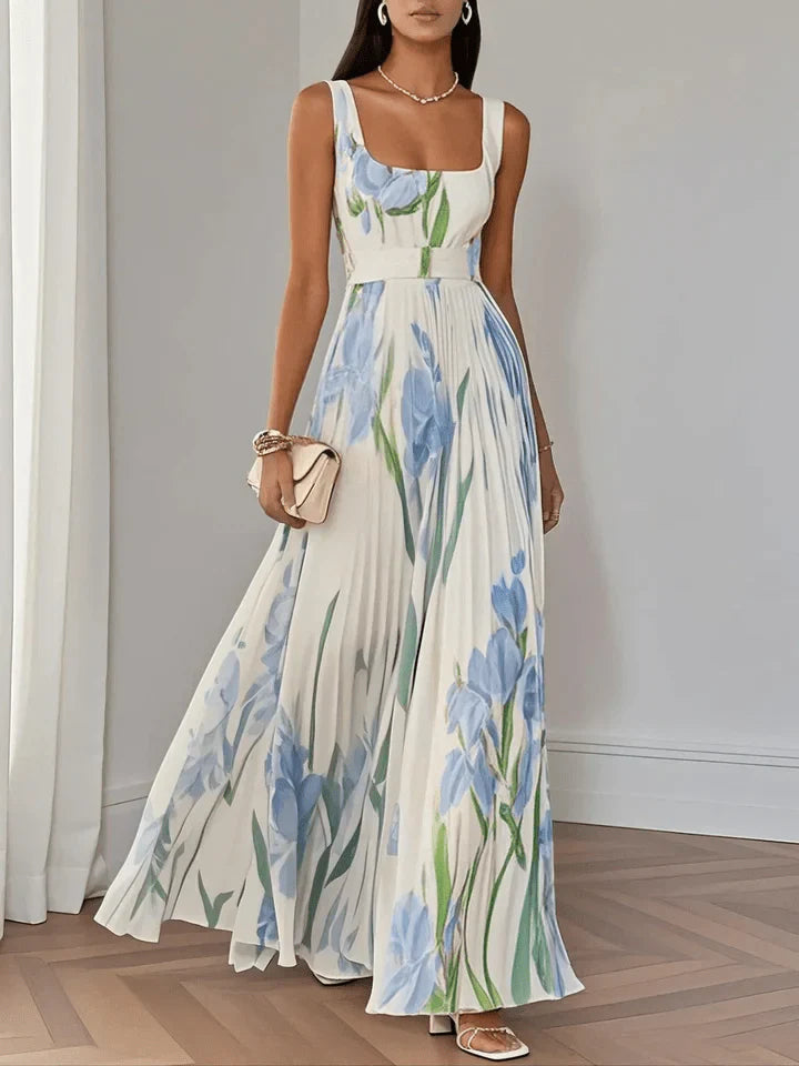 Women's Square Neck Floral Pleated Maxi Dress, Sleeveless