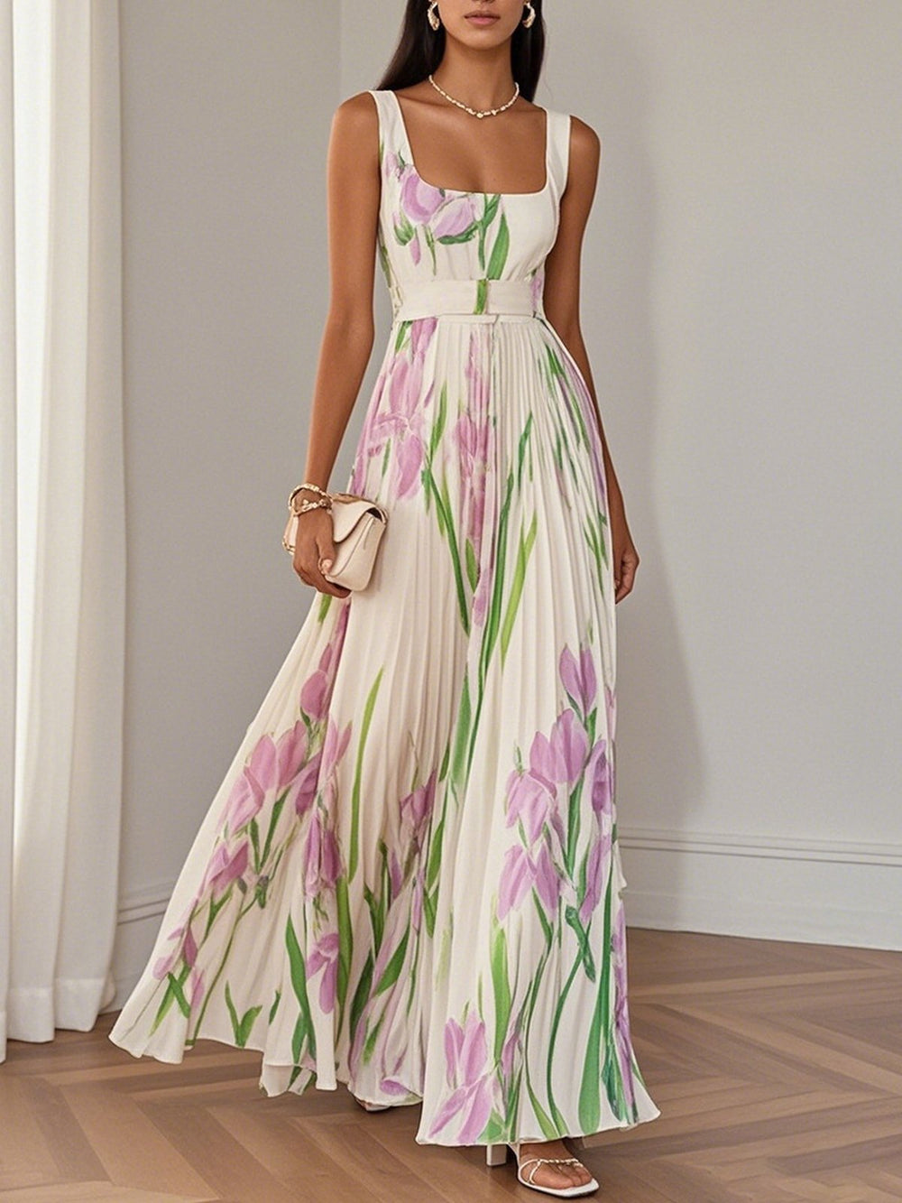 Women's Square Neck Floral Pleated Maxi Dress, Sleeveless