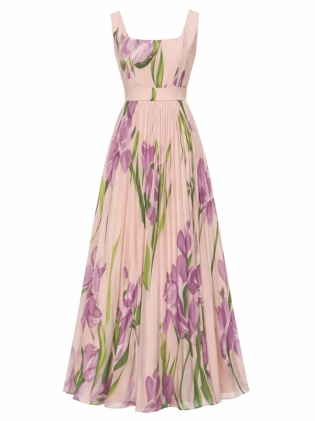Women's Square Neck Floral Pleated Maxi Dress, Sleeveless