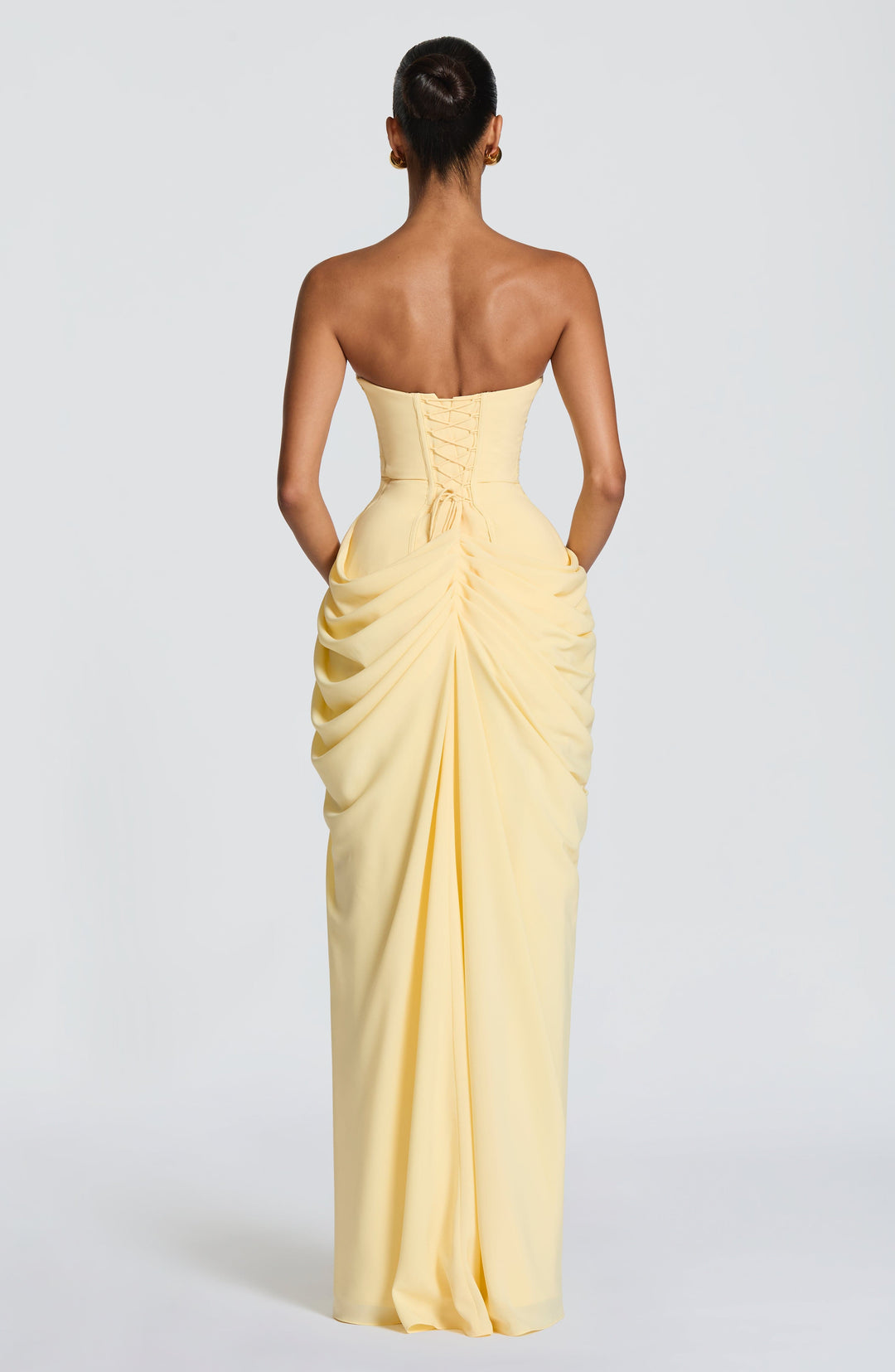 Strapless Corset Maxi Dress with High Slit, Draped Skirt