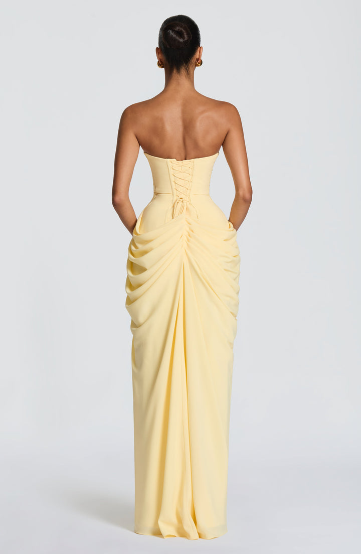 Strapless Corset Maxi Dress with High Slit, Draped Skirt
