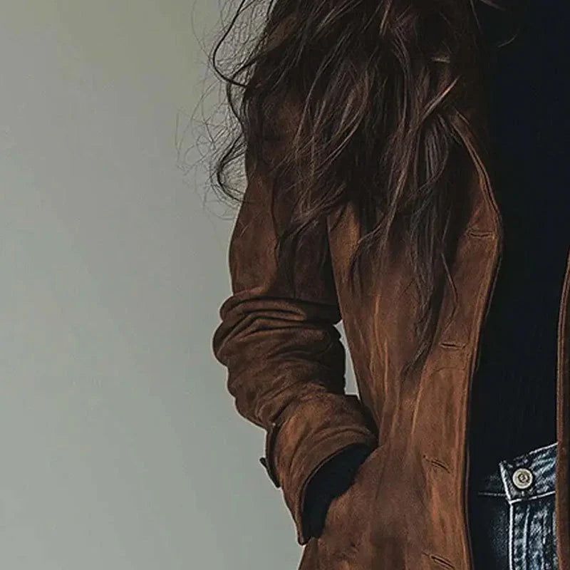 Women's longline button coat with notched collar and side pockets
