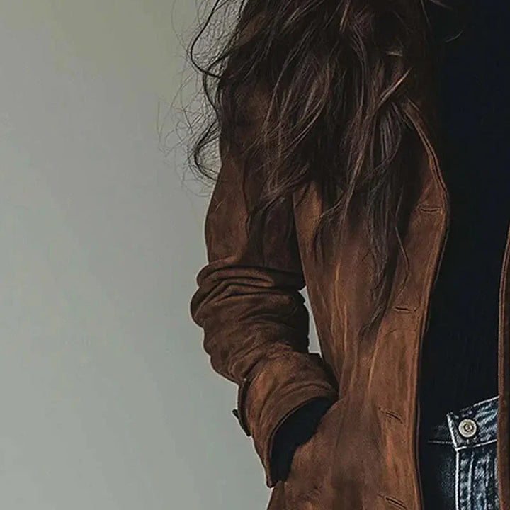 Women's longline button coat with notched collar and side pockets